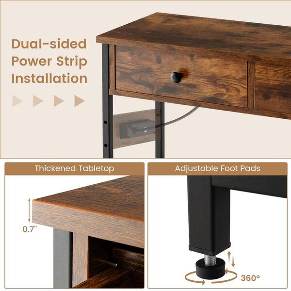 Costway Entryway Table with Charging Station Narrow Console Table with 2  Drawers Brown