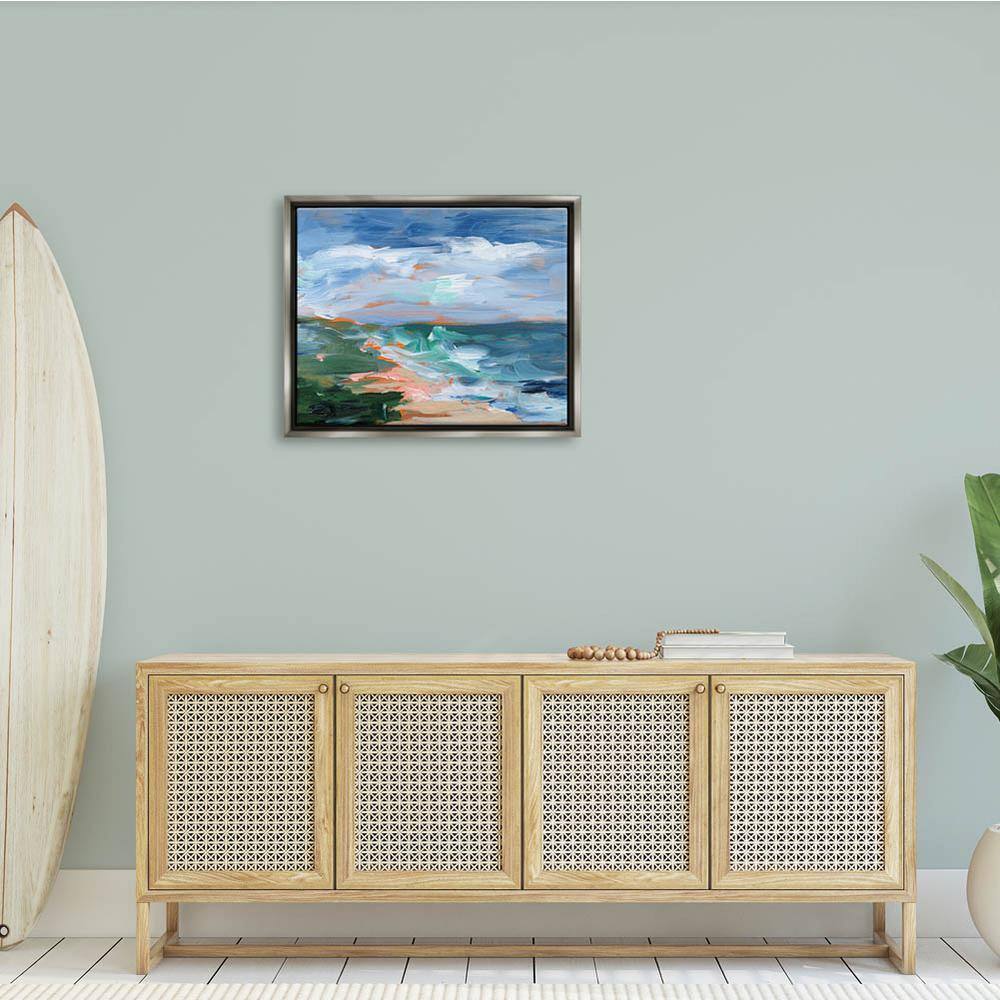 Crashing Beach Waves Abstract Landscape Canvas Print in Gray Frame