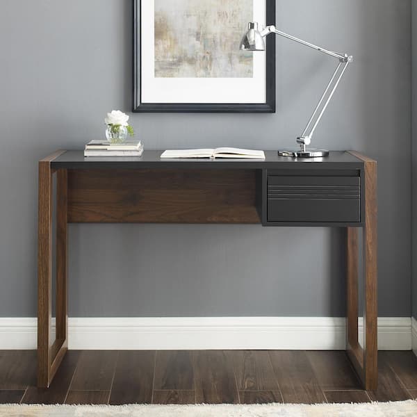 46" Fluted Drawer Composite Writing Desk - Dark Walnut/Solid Black