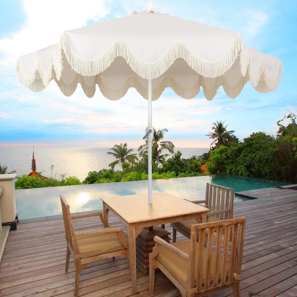 Collins 9 ft. Classic Cottage Tassel Market Patio Umbrella with Auto-Tilt, Crank, Wind Vent and UV Protection in Cream