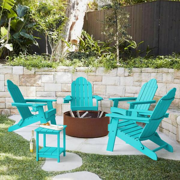 LUE BONA Blue Foldable Outdoor Patio Plastic Adirondack Chair with Cup Holder For Garden Backyard FirepitPoolBeach Aruba 4 Pack DPTHD23004 39 The Home Depot