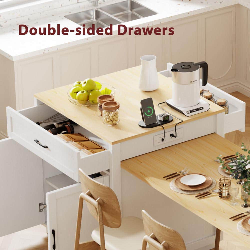 White Wood Tabletop 82.7 in. W Large Kitchen Island with Extendable Dining Table and Double-Side Storage - thumbnail 7