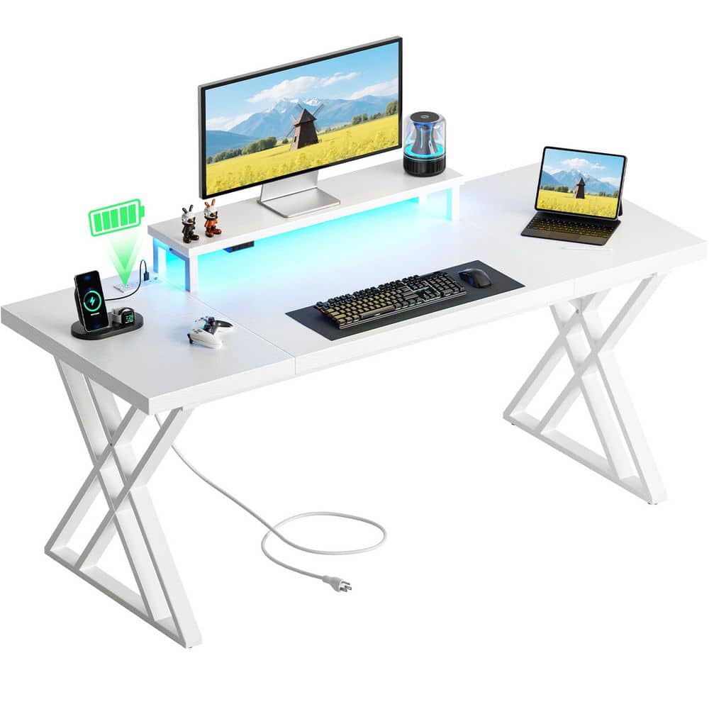 70.87 in.White Thick Desktop Gaming Computer Desk with USB Hub, LED Lights &Monitor Stand,Heavy Duty X-Frame Office Desk price history on PriceWatchPro