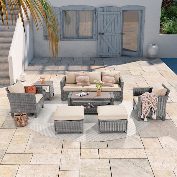 JOYESERY 7-Piece Gray Wicker Outdoor Conversation Seating Sofa Set with Coffee Table, Linen Flax Beige Cushions