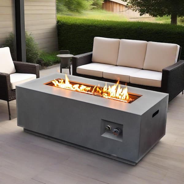42 in. 50,000 BTU Gray Steel Propane Gas Outdoor Fire Pit Table with Glass Wind Guard, Lid, and Cover for Patio