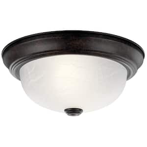 Independence 11.25 in. 2-Light Tannery Bronze Traditional Hallway Flush Mount Ceiling Light with Alabaster Swirl Glass