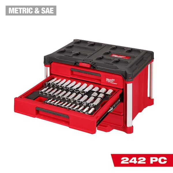 1/4 in. and 3/8 in. and 1/2 in. Drive Metric & SAE Ratchet & Socket Set with PACKOUT 4-Drawer Tool Box (242-Piece)