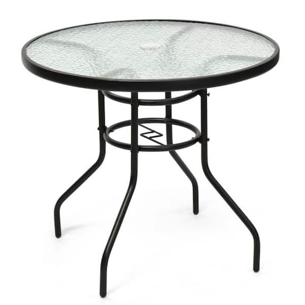 Alpulon 32 in. Patio Metal Round Outdoor Dining Table with Umbrella Hole and Tempered Glass