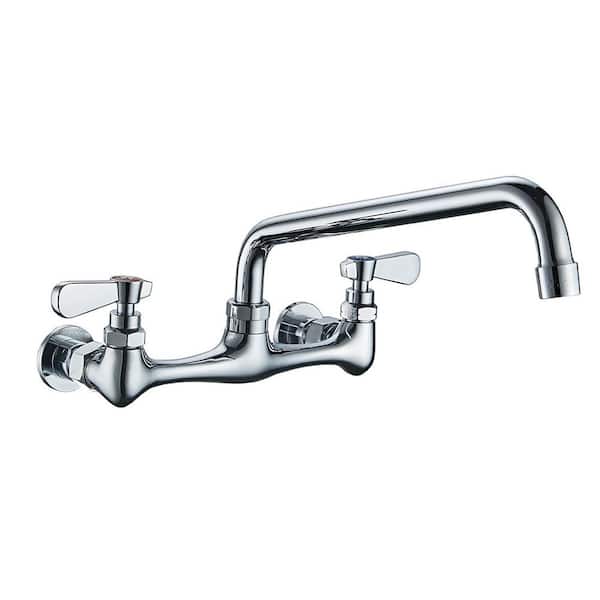 Unbranded Double Handle Wall Mount Standard Kitchen Faucet With 8 Inch Swivel Spout 8" Center in Polished Chrome