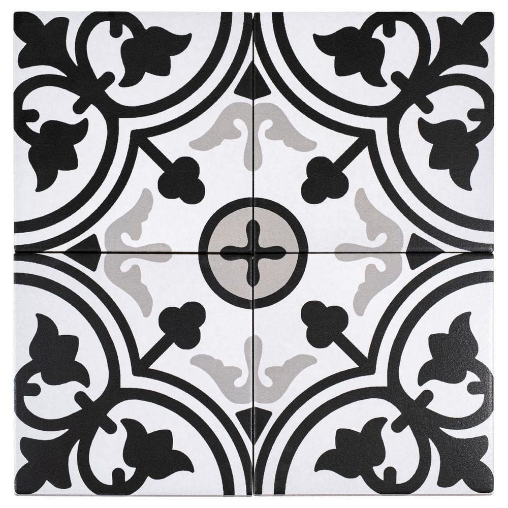 Bliss 8" Black and White Porcelain Patterned Tile