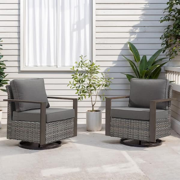 Opohoro Gray Wicker Outdoor Rocking Chairs, Swivel Patio Chairs with Wood-Looking Metal Arms with Gray Cushions (2-Pack)