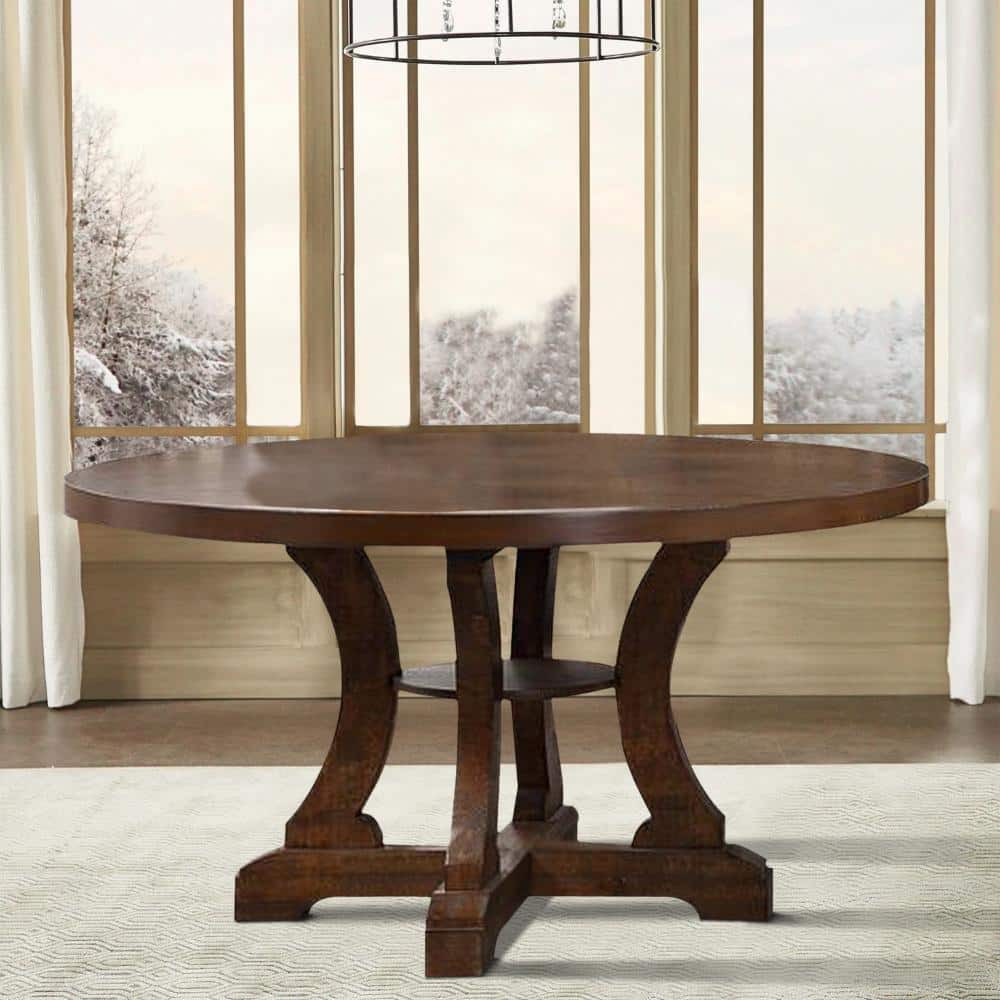 54 Inch Round Reclaimed Wood Dining Table with Dark Brown Pedestal