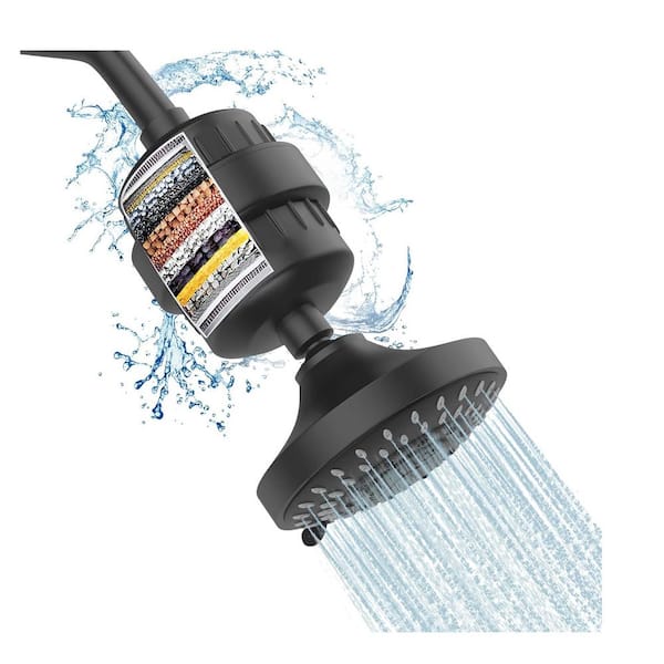 Lukvuzo 15 Stage 5 Spray Showerhead Filter with Water Softener Filter Cartridge for Hard Water Remove Chlorine, in Matte Black