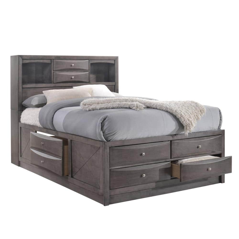 Gray Transitional Queen Bookcase Bed with Ample Storage
