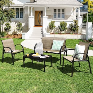 4-Pieces Wicker Patio Conversation Furniture Set All-Weather Garden Outdoor Brown