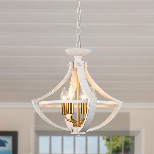 LWYTJO 4-Light Brass and Distressed White Rustic Candle Chandelier for Dinning Room with no Bulbs Included