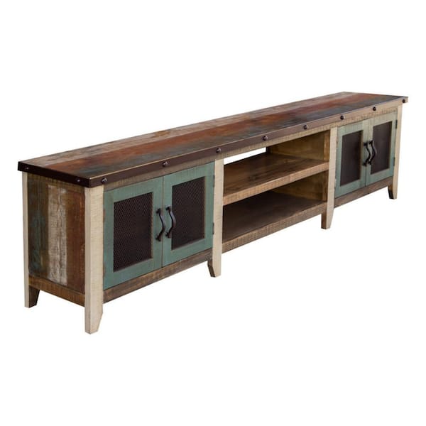 Benjara 92.5 in. Blue and Brown Wood TV Stand Fits TVs up to 88 in. with 4-Doors