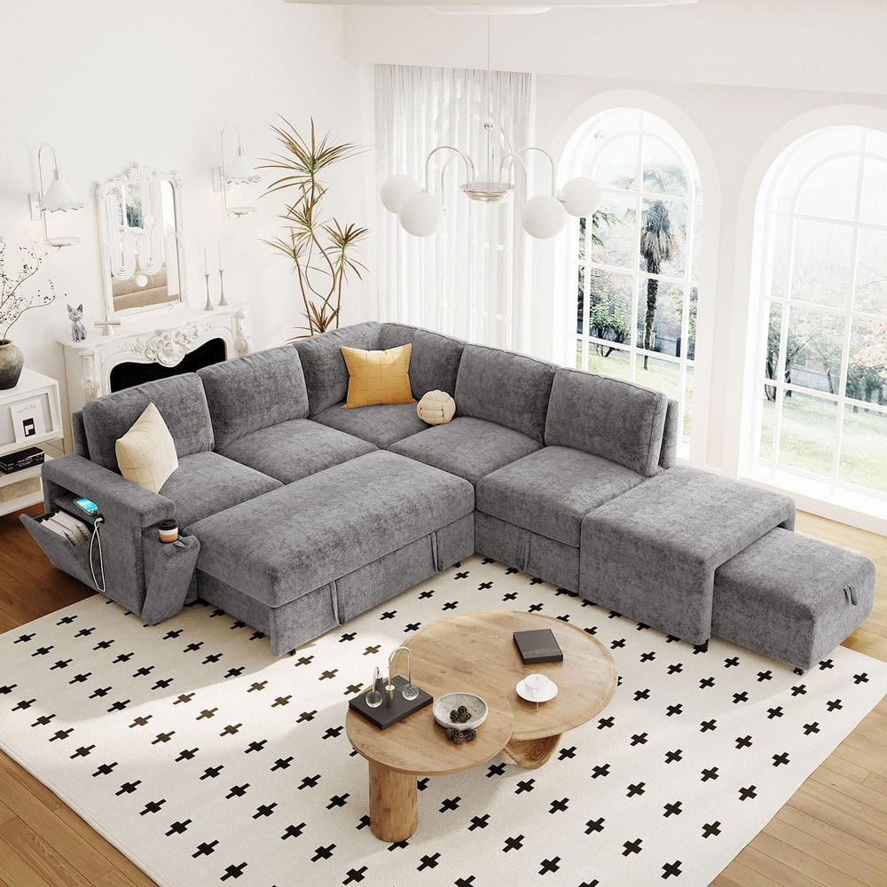 90.6 in. L-Shaped Padded Modular Chenille Sectional Sofa in Gray with Stora