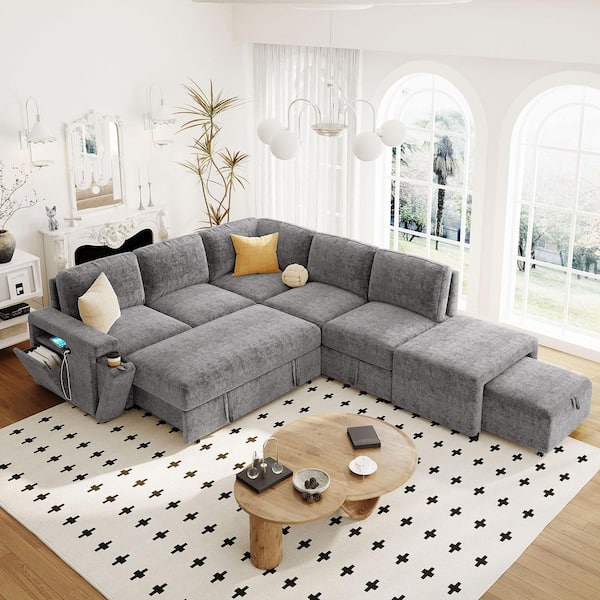 Gray Chenille Padded Modular Queen Size Sectional Sofa Bed with Storage Space USB Ports and Cup Holders on the Armrests