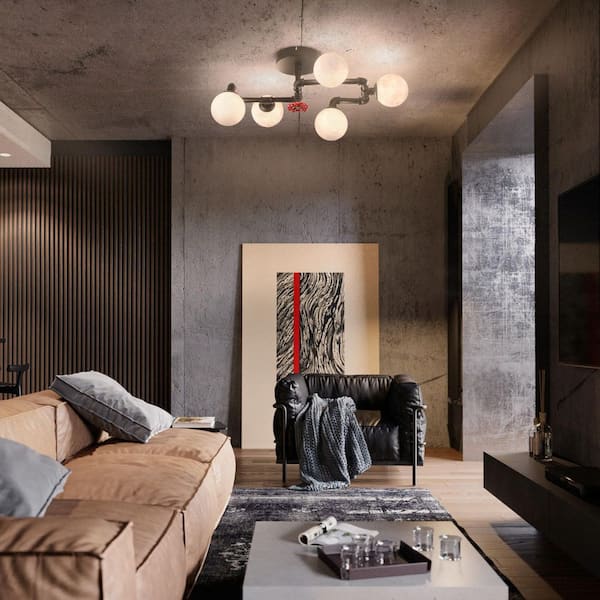28 In. LED Black Farmhouse Semi-Flush Mount Ceiling Light Fixtures Sputnik Chandelier for Kitchen Bedroom Dining Room