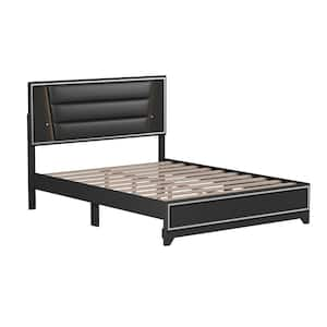 Black Wood Frame Queen Size PU Upholstered Platform Bed with LED Light Strips Headboard and Sparkling Shiny Decoration