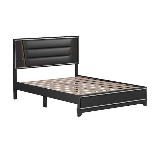 Polibi Black Wood Frame Queen Size PU Upholstered Platform Bed with LED Light Strips Headboard and Sparkling Shiny Decoration