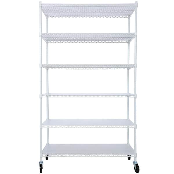 6-Shelf Metal Pantry Organizer Shelf Wire Shelving Unit Heavy Duty Adjustable Storage Rack with Wheels and Liners, White
