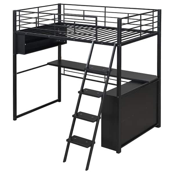 Qualler Metal Frame Black Twin Size Loft Bed With Desk, LED Strip And ...