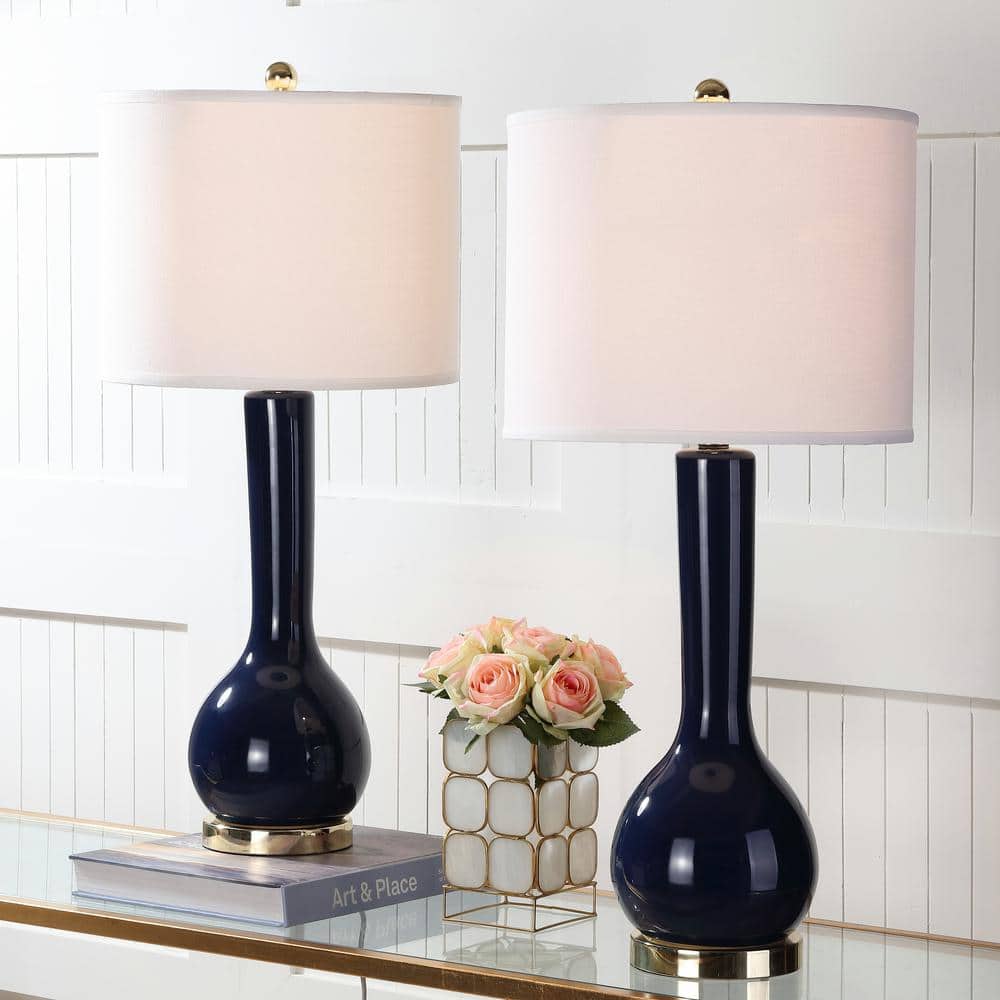 Navy Ceramic Long Neck Table Lamp Set with White Shade