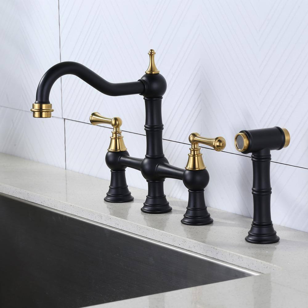 Matte Black and Gold Double Handle Bridge Kitchen Faucet with Side Sprayer
