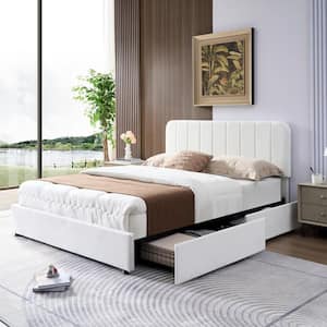 Upholstered Bed White Metal Frame Full Size Platform Bed with 4-Storage Drawers and Headboard, Wooden Slats Support