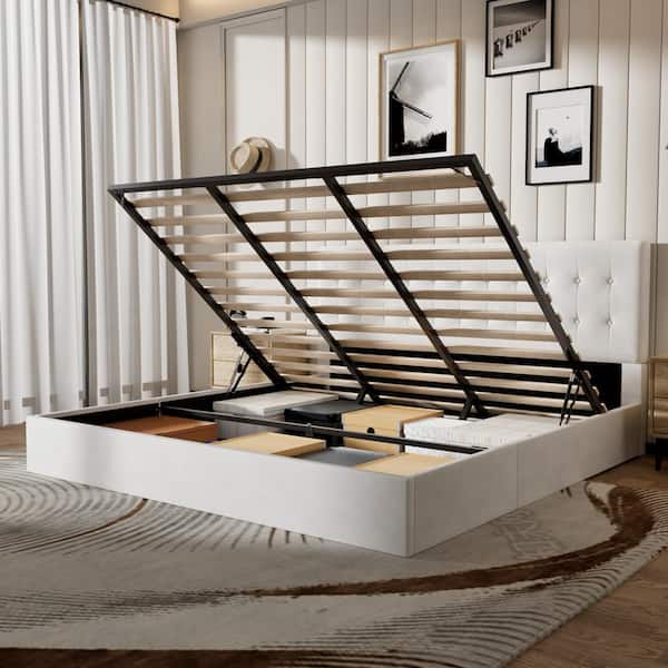 Ahokua White Frame King Size Upholstered Platform Bed with Lift-up Storage Supported by Metal and Wooden Slats