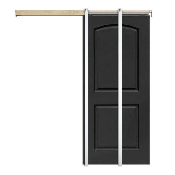 CALHOME 36 in. x 80 in. Black Painted Composite MDF 2Panel Round Top Sliding Door with Pocket Door Frame and Hardware Kit