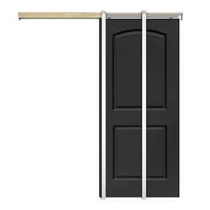 30 in. x 80 in. Black Painted Composite MDF 2Panel Round Top Sliding Door with Pocket Door Frame and Hardware Kit