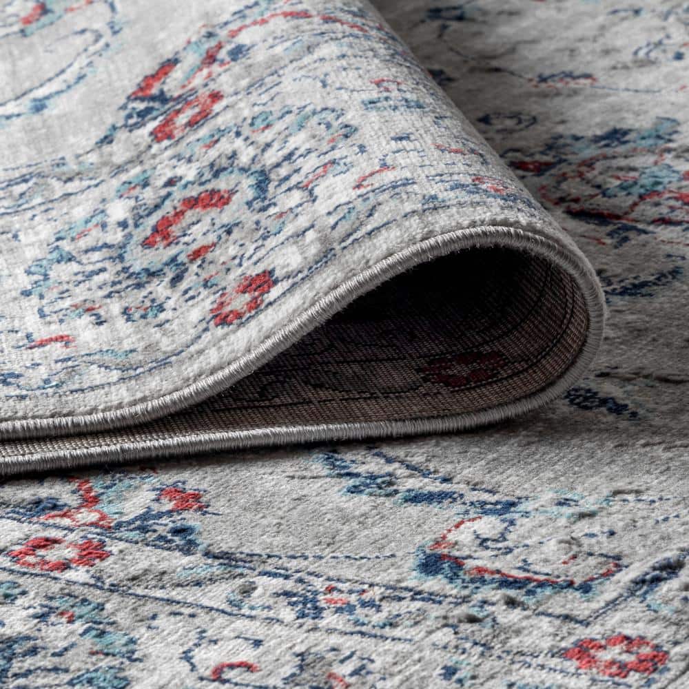 Elegant Light Grey and Red Floral Synthetic Area Rug