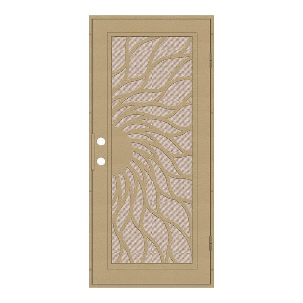 Unique Home Designs 32 in. x 80 in. Sunfire Desert Sand Left-Hand Surface Mount Aluminum Security Door with Desert Sand Perforated Metal Sc