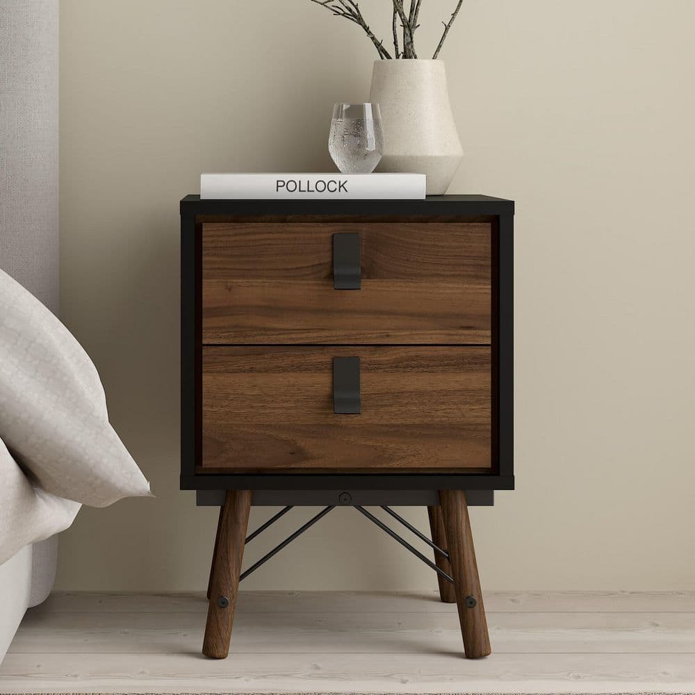 Ry Black Matte and Walnut 2-Drawer Nightstand