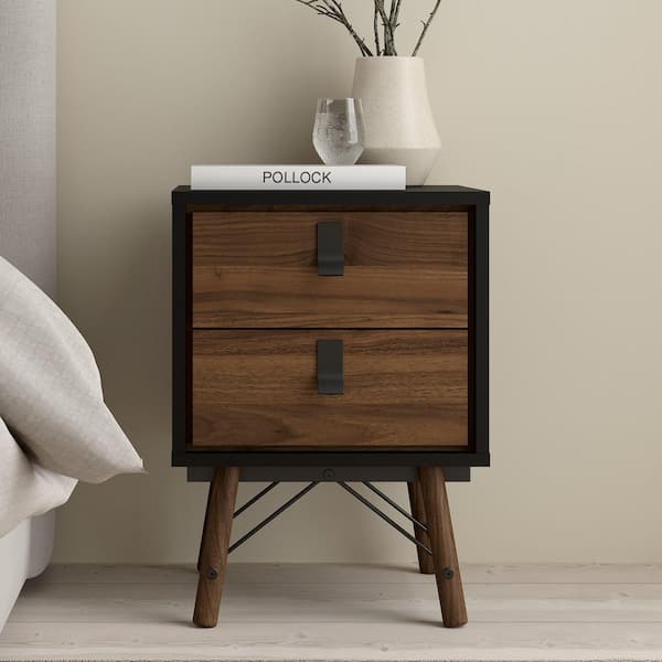 Tvilum Ry 2-Drawer Black Matte and Walnut Nightstand 23.46 x 17.05 x 15.79