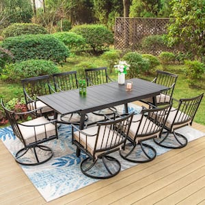 9-Piece Metal Patio Outdoor Dining Set with Extensible Slat Table and Swivel Stylish Chairs with Beige Cushion