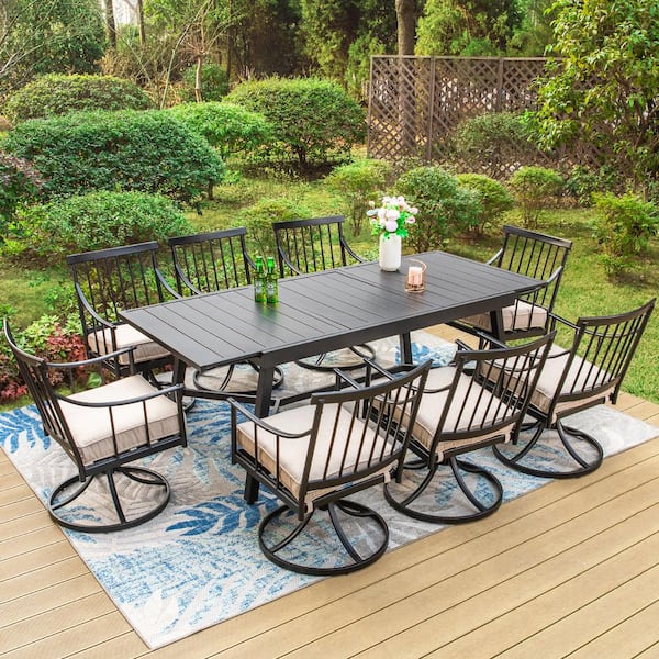 PHI VILLA 9-Piece Metal Patio Outdoor Dining Set with Extensible Slat Table and Swivel Stylish Chairs with Beige Cushion