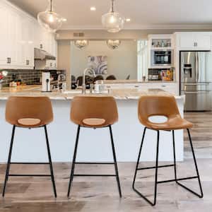 24 in. Brown Metal Frame Faux Leather Counter Bar Stools (Set of 3)