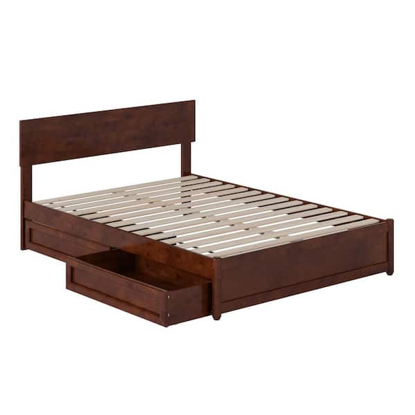 Wesley Walnut Brown Solid Wood Frame Full Platform Bed with Panel Footboard and Storage Drawers