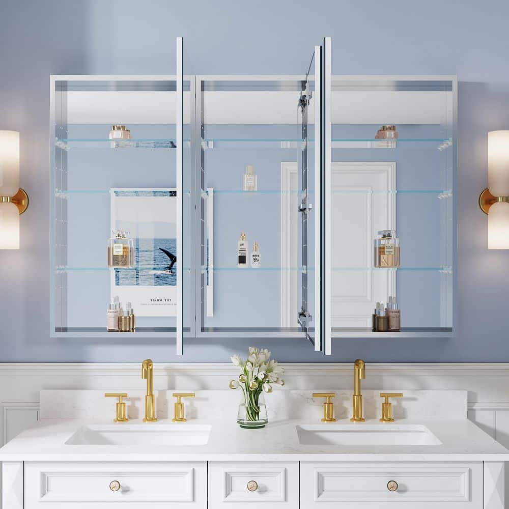 ROSA 56.1 in. W x 36 in. H Surface/Recessed Mount Rectangular Tri-View Aluminum Medicine Cabinet with Mirror, Combo Set price history on PriceWatchPro