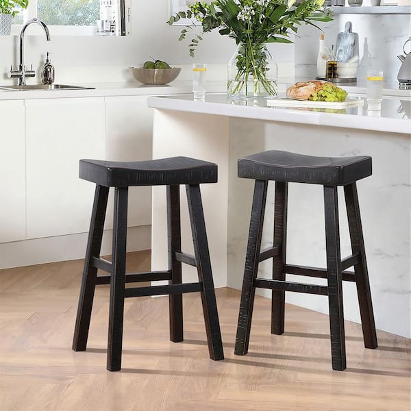 Oxton 30 in. Black Wood Pub Height Stool with Wood Seat (Set of 2)