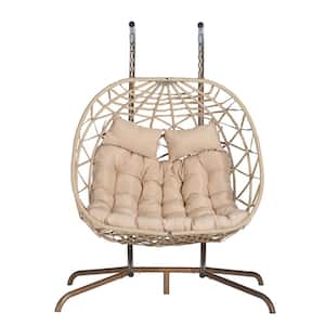 2-Person Wicker Outdoor Rocking Chair Egg Chair with Metal Stand and Khaki Cushion