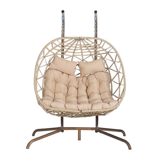 Angel Sar 2-Person Wicker Outdoor Rocking Chair Egg Chair with Metal Stand and Khaki Cushion