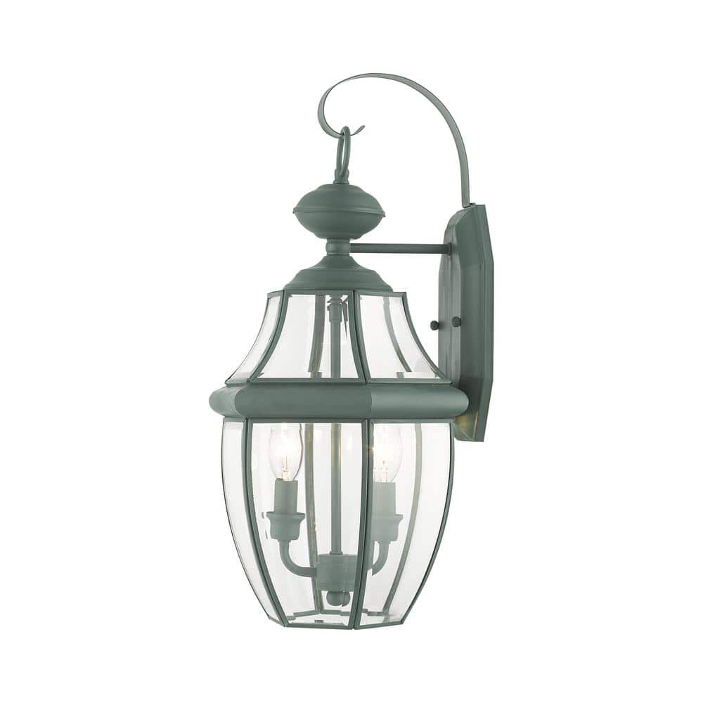Verdigris Brass Dual-Light Lantern Wall Sconce with Clear Beveled Glass