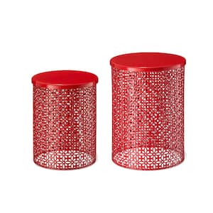 Multi-functional Metal Red Garden Stool or Planter Stand or Accent Table or Side Table (Set of 2)