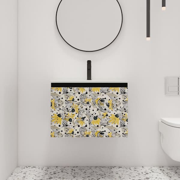 ARTCHIRLY 24 in. W. x 18.3 in. D x 17.3 in. H Wall Mounted Bath Vanity in Black with White Ceramic Vanity Top