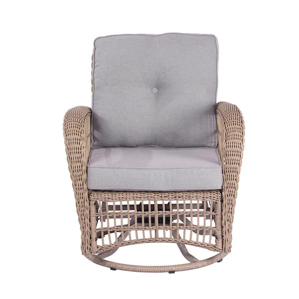 HOTEBIKE Natural Color Wicker Patio Swivel Outdoor Rocking Chair with Gray Cushion, Weather-Resistant PE Wicker Furniture